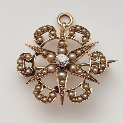 Victorian/Edwardian Antique 10CT Floral Star Burst Pin With Diamond and Seed Pearls.