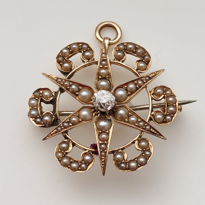 Victorian/Edwardian Antique 10CT Floral Star Burst Pin With Diamond and Seed Pearls.