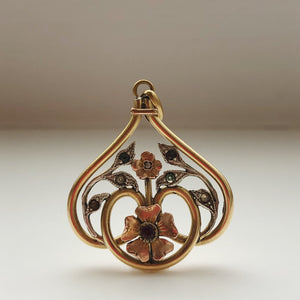 French Art Nouveau Antique, Rose Gold Filled Floral Pendant- by ORIA Jewelers.