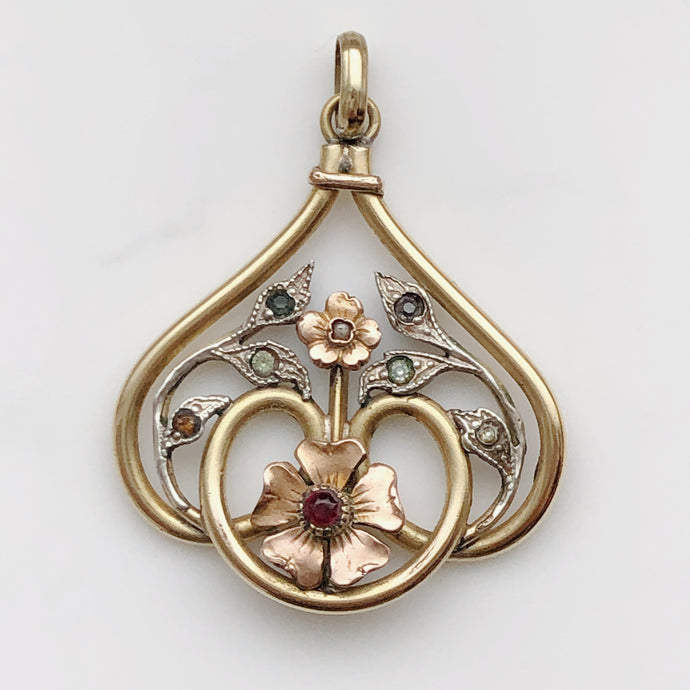 French Art Nouveau Antique, Rose Gold Filled Floral Pendant- by ORIA Jewelers.
