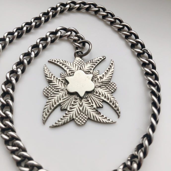 Victorian Antique Silver Albert Watch Chain with Persian Fob Pendant.